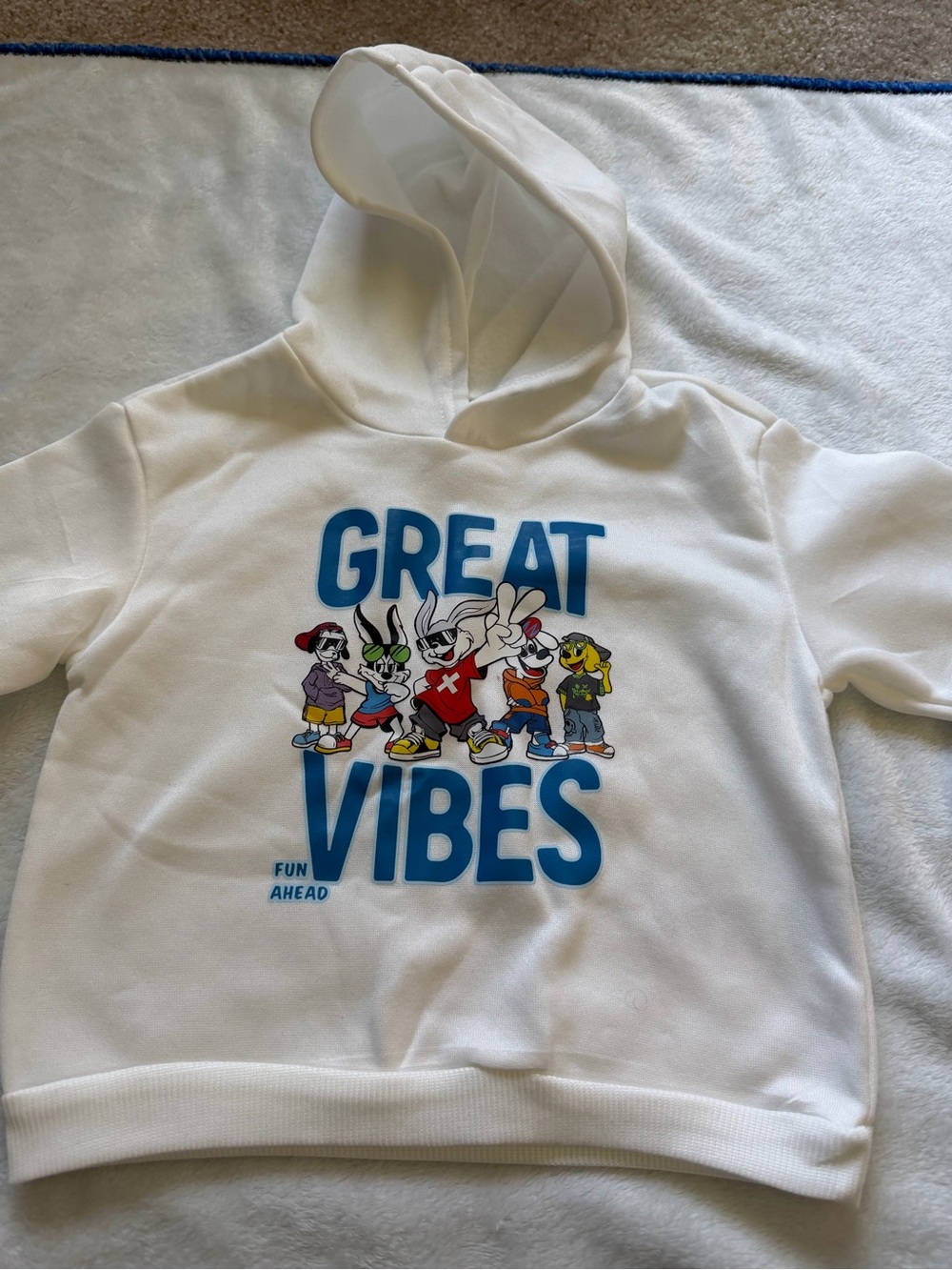SHEIN White Hoodie with Blue "GREAT VIBES" Cartoon Graphic